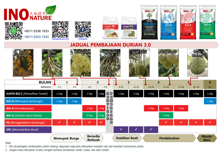 INO Nature offers a diverse range of products for mature durian trees, which can help increase durian yields and potentially produce more Grade A durians.
